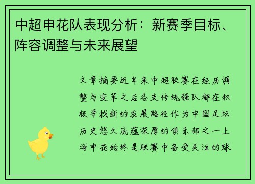 中超申花队表现分析:新赛季目标、阵容调整与未来展望 中超申花队表现分析:新赛季目标、阵容调整与未来展望