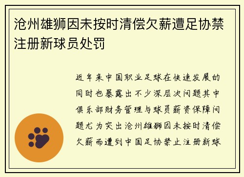 沧州雄狮因未按时清偿欠薪遭足协禁注册新球员处罚