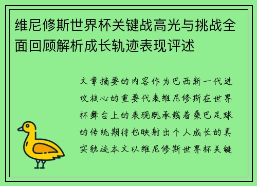 维尼修斯世界杯关键战高光与挑战全面回顾解析成长轨迹表现评述