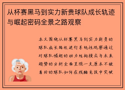 从杯赛黑马到实力新贵球队成长轨迹与崛起密码全景之路观察
